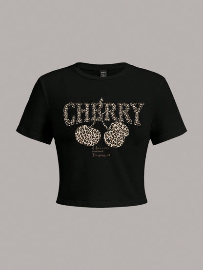 Cropped Leopard Cherry Graphic T-Shirt