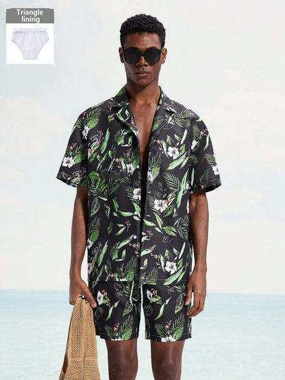 Men's Tropical Plant Print Shirt and Shorts Beach Set