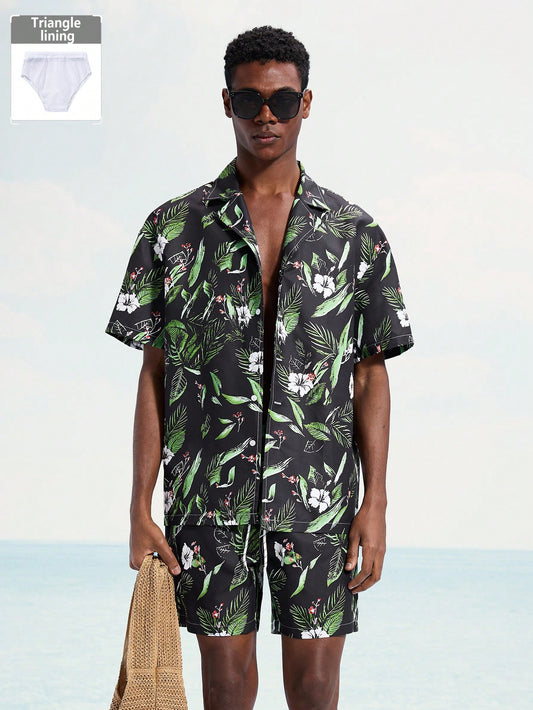 Men's Tropical Plant Print Shirt and Shorts Beach Set