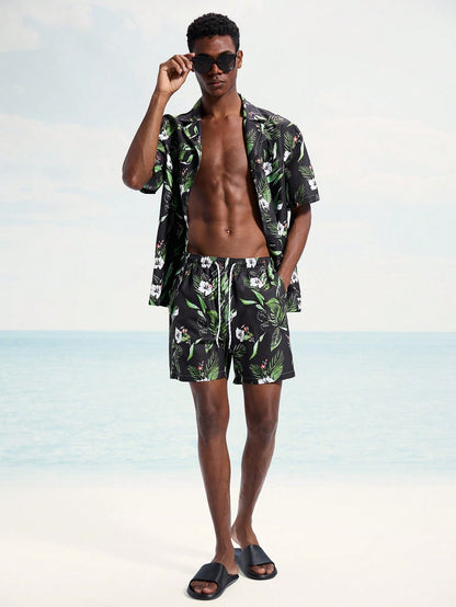 Men's Tropical Plant Print Shirt and Shorts Beach Set