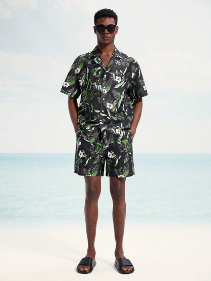 Men's Tropical Plant Print Shirt and Shorts Beach Set