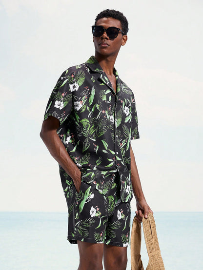 Men's Tropical Plant Print Shirt and Shorts Beach Set