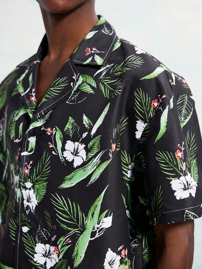 Men's Tropical Plant Print Shirt and Shorts Beach Set