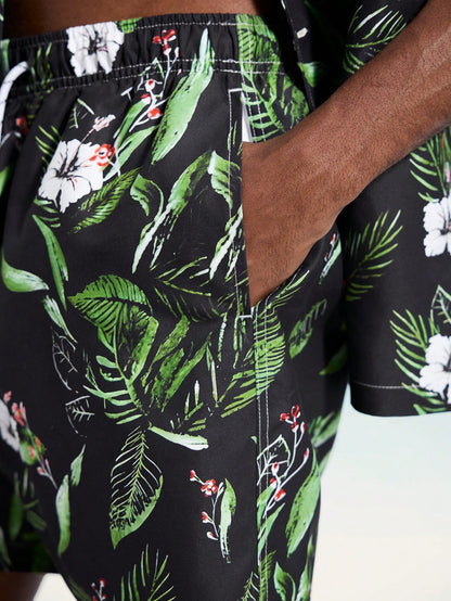 Men's Tropical Plant Print Shirt and Shorts Beach Set