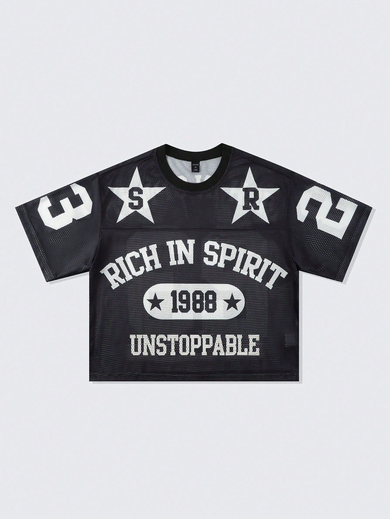 Black Oversized Hollow Out Mesh Letter & Geometric Print Soccer Jersey