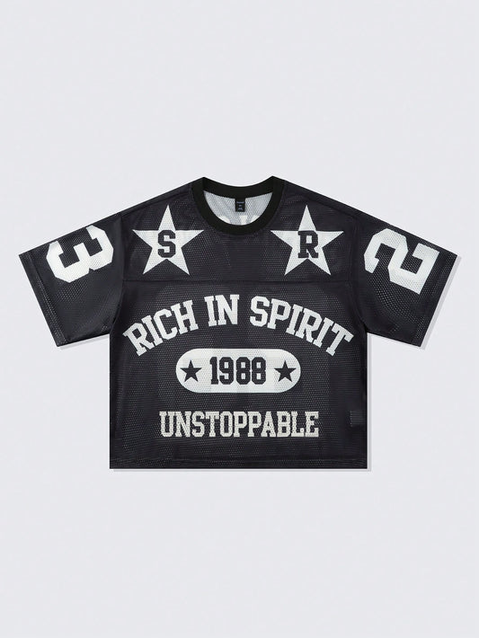 Black Oversized Hollow Out Mesh Letter & Geometric Print Soccer Jersey