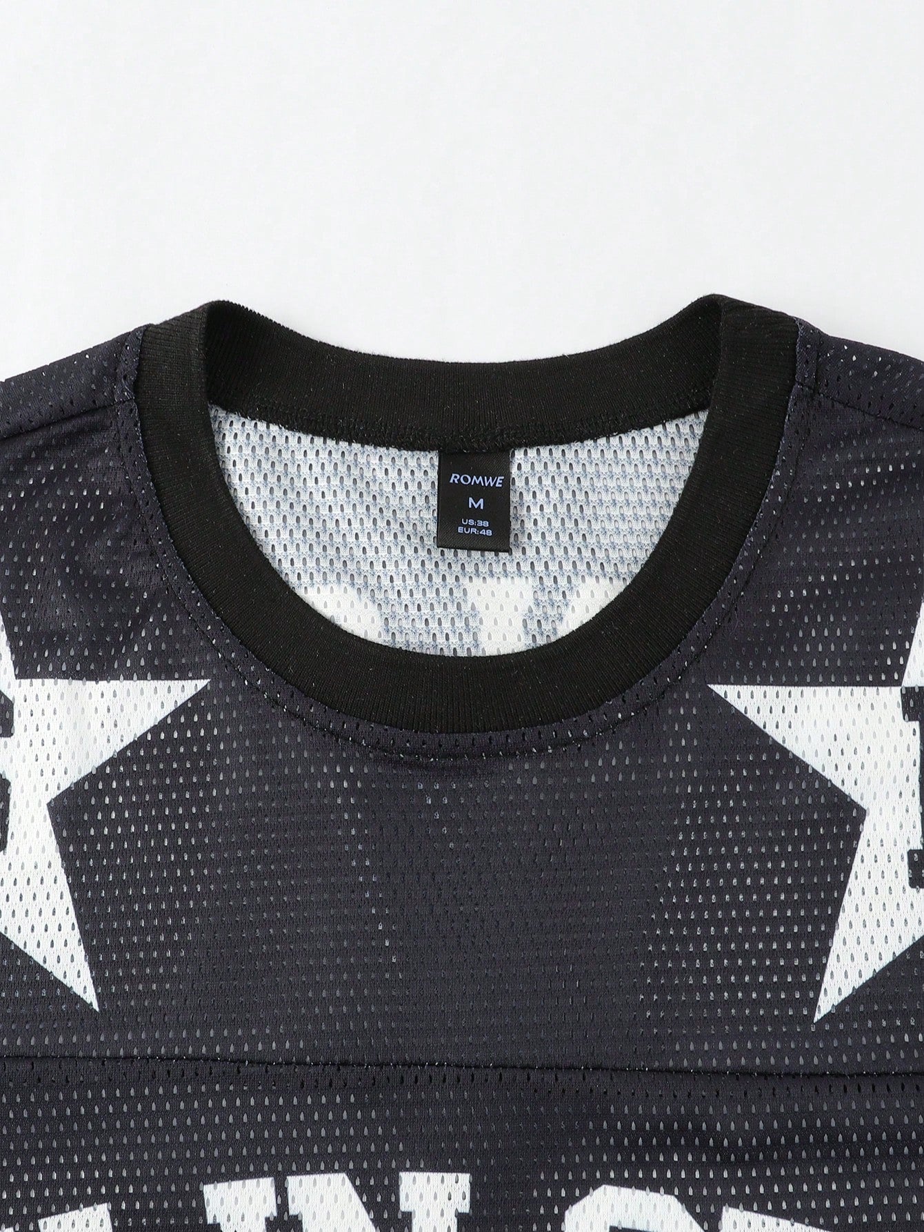 Black Oversized Hollow Out Mesh Letter & Geometric Print Soccer Jersey