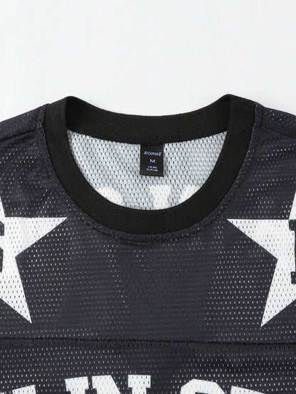 Black Oversized Hollow Out Mesh Letter & Geometric Print Soccer Jersey
