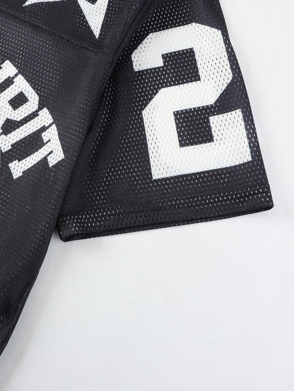 Black Oversized Hollow Out Mesh Letter & Geometric Print Soccer Jersey