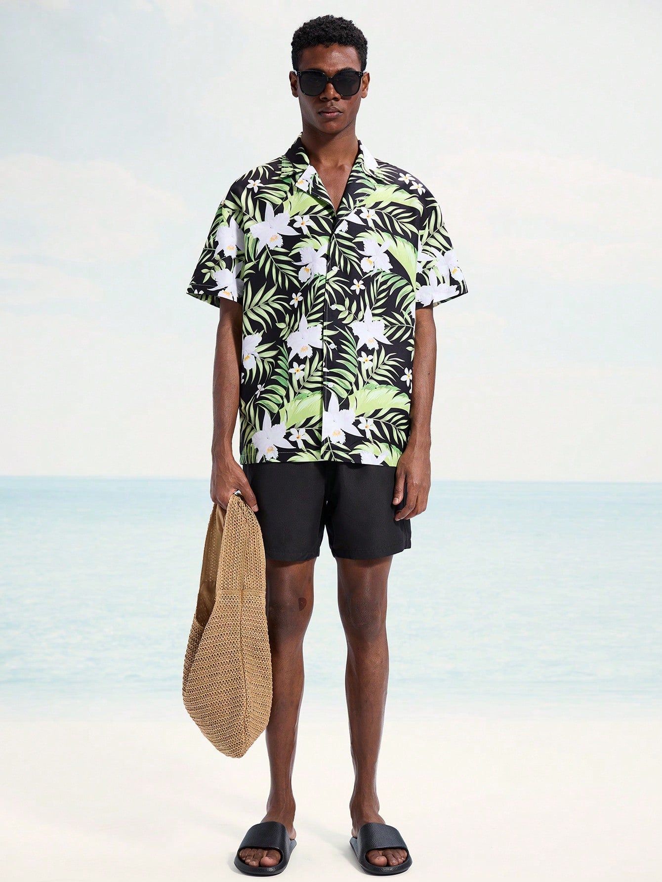 Men’s Tropical Plant Print Shirt and Beach Shorts Set