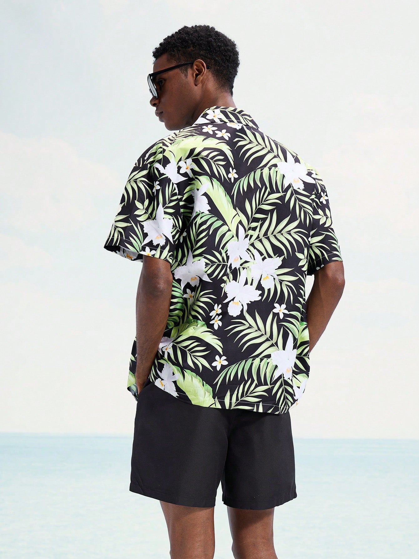 Men’s Tropical Plant Print Shirt and Beach Shorts Set