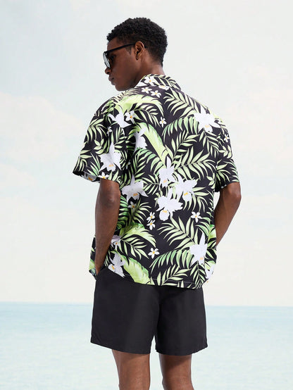 Men’s Tropical Plant Print Shirt and Beach Shorts Set