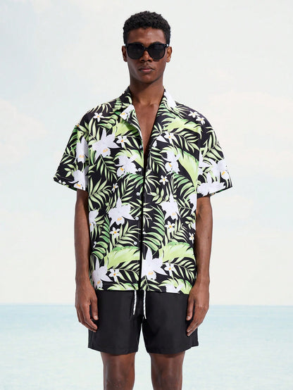 Men’s Tropical Plant Print Shirt and Beach Shorts Set