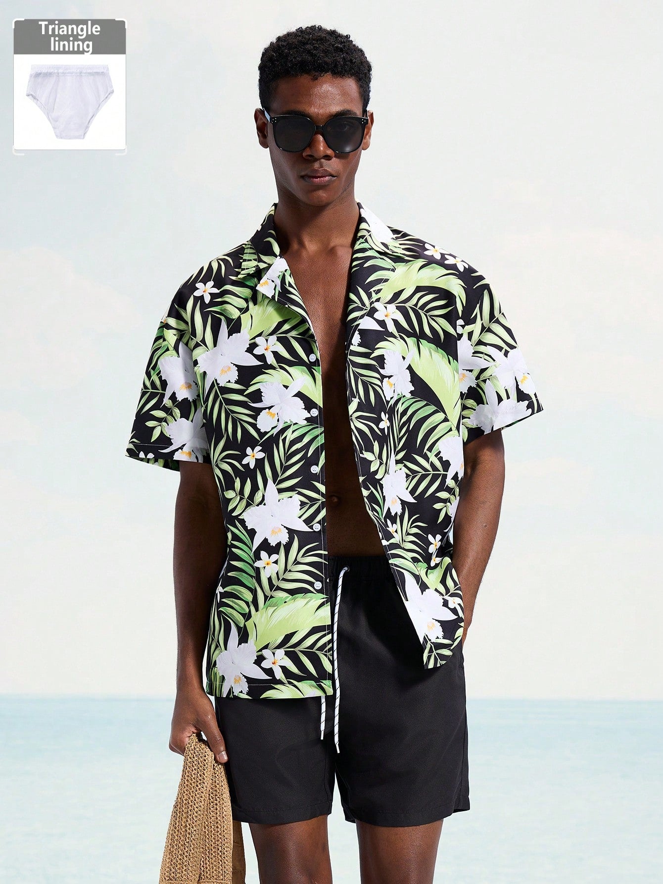 Men’s Tropical Plant Print Shirt and Beach Shorts Set