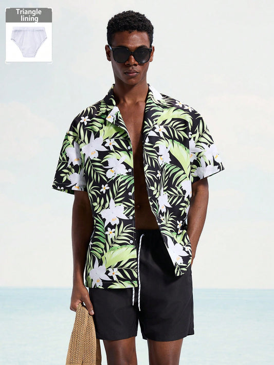 Men’s Tropical Plant Print Shirt and Beach Shorts Set