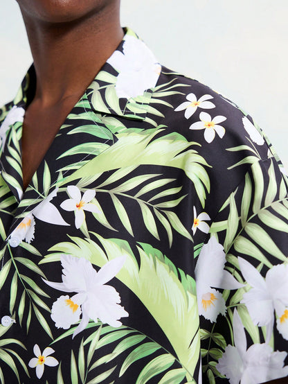 Men’s Tropical Plant Print Shirt and Beach Shorts Set