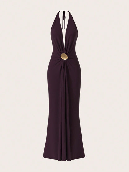 Women's Sexy Burgundy Halter Bodycon Maxi Dress