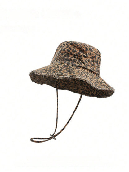 Vintage Leopard Print Drawstring Bucket Hat