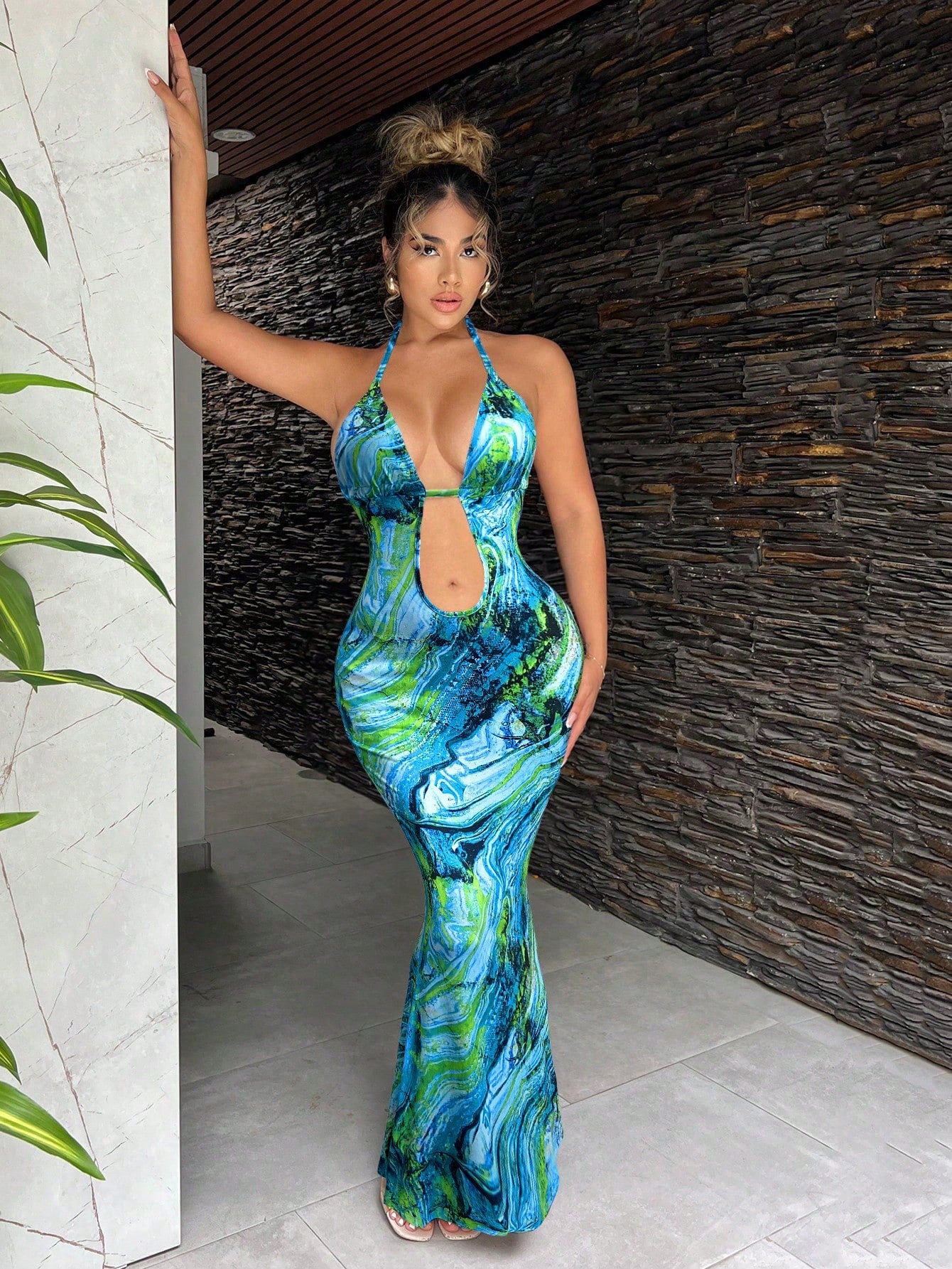 Brown Marble Print Halter Cami Maxi Dress