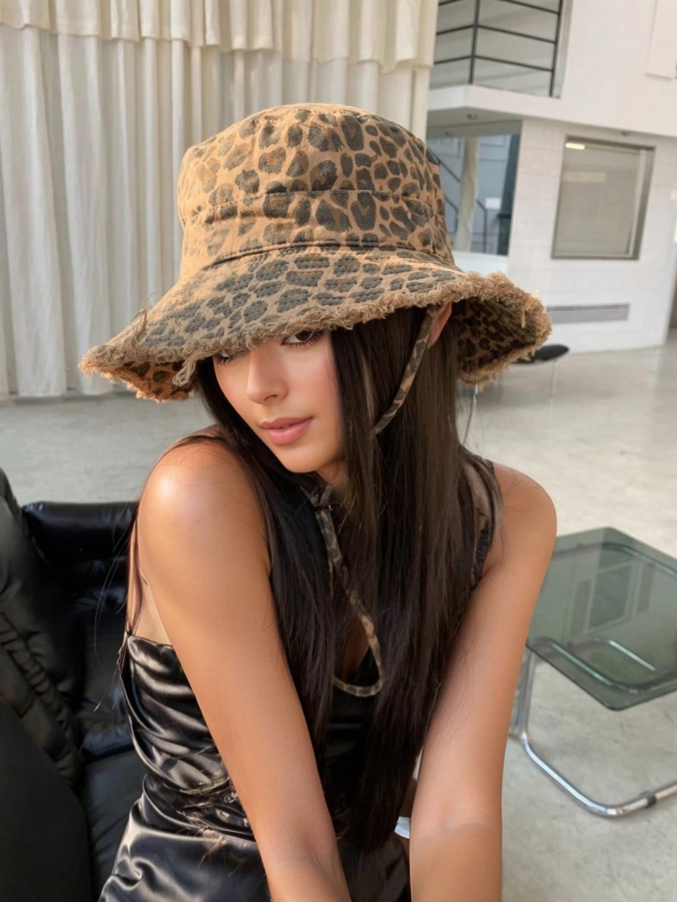 Vintage Leopard Print Drawstring Bucket Hat