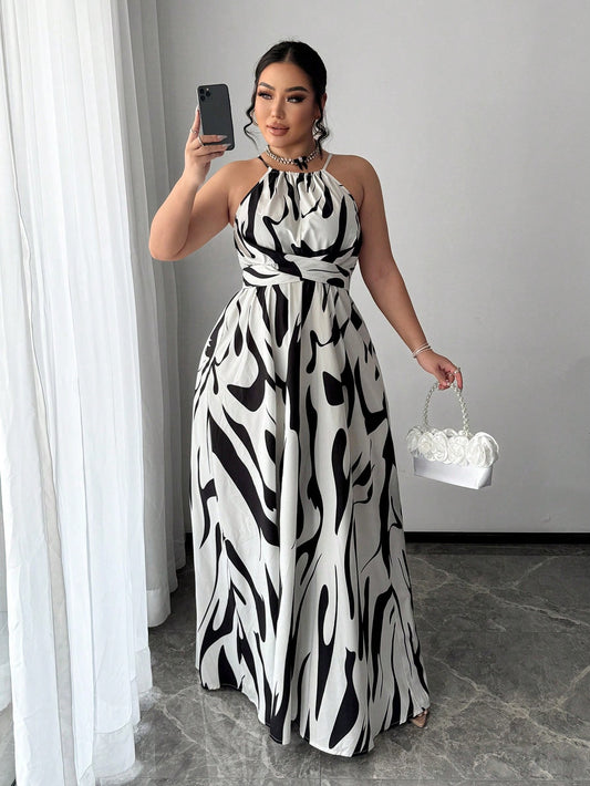 Plus Size Women's Black & White Halter Maxi Dress