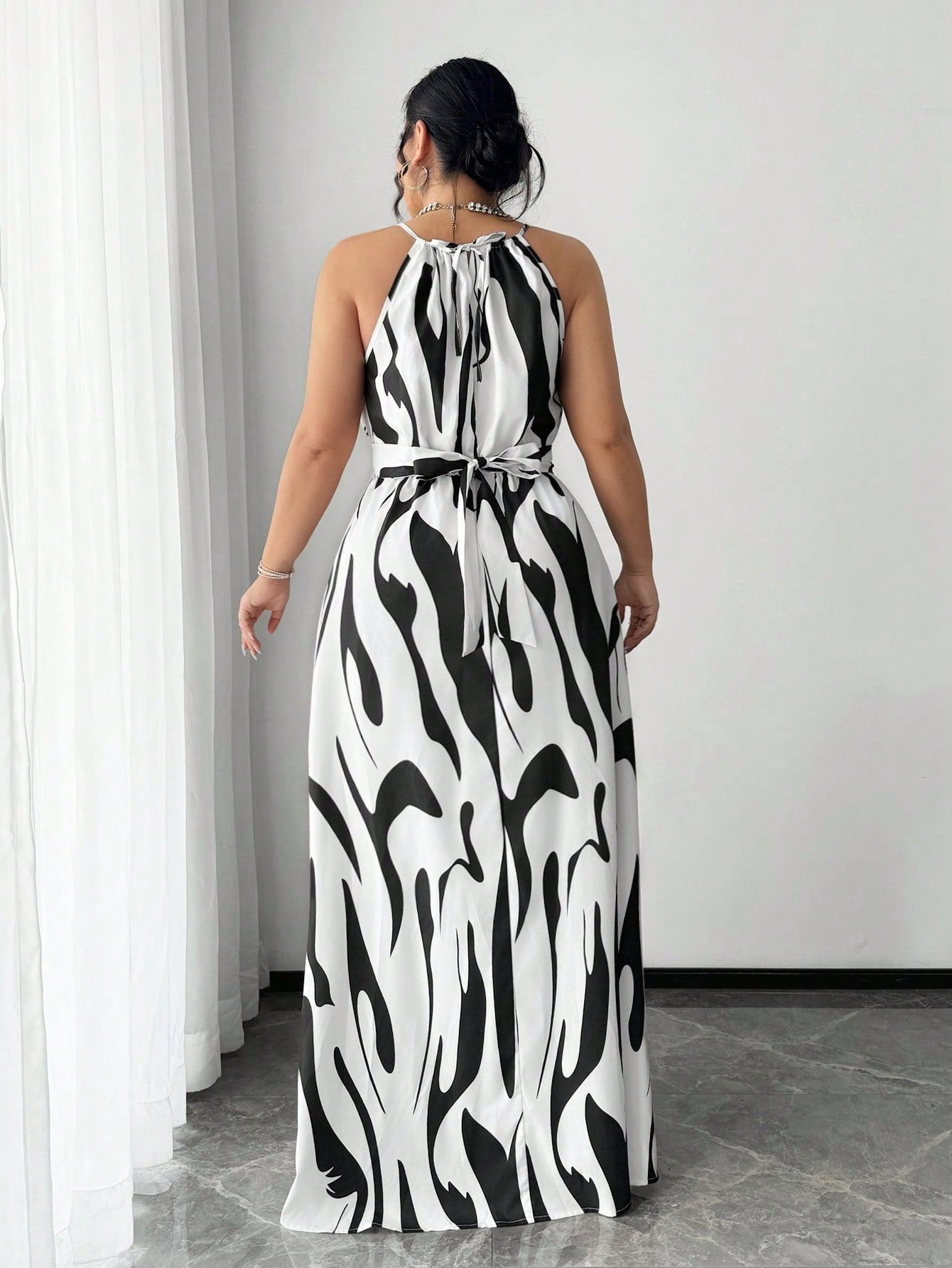 Plus Size Women's Black & White Halter Maxi Dress
