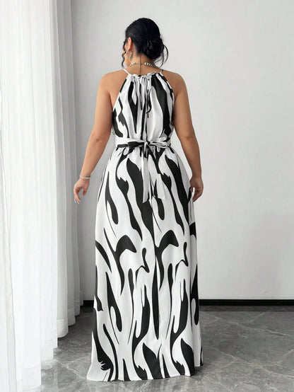 Plus Size Women's Black & White Halter Maxi Dress