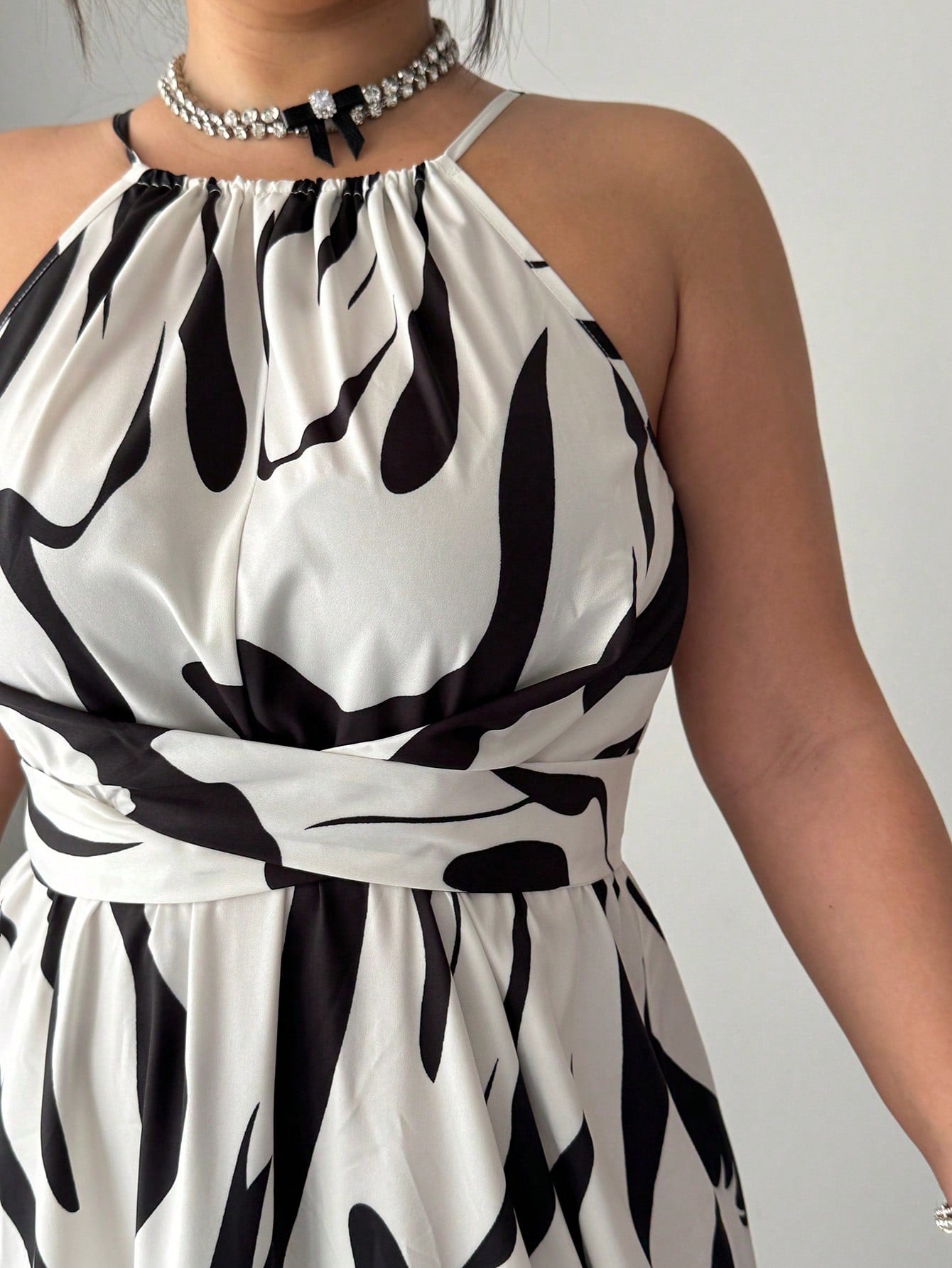 Plus Size Women's Black & White Halter Maxi Dress
