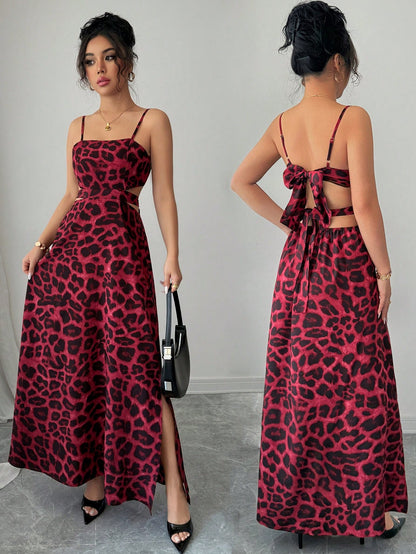 Burgundy Leopard Print Spaghetti Strap Maxi Dress