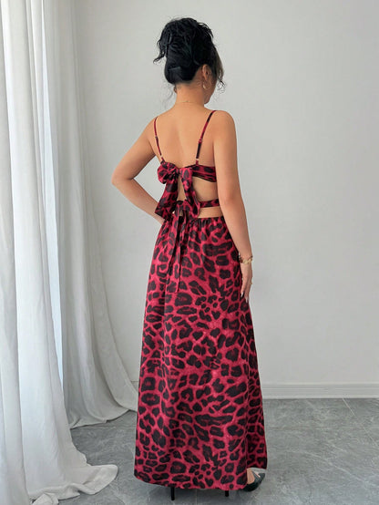 Burgundy Leopard Print Spaghetti Strap Maxi Dress