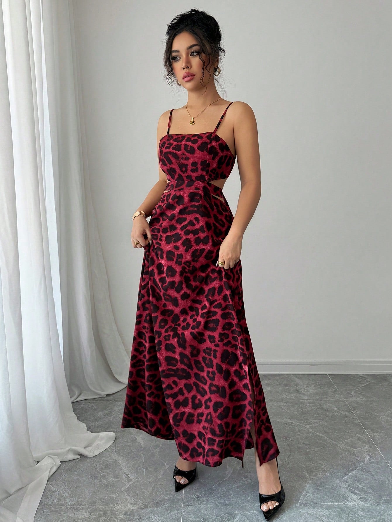 Burgundy Leopard Print Spaghetti Strap Maxi Dress