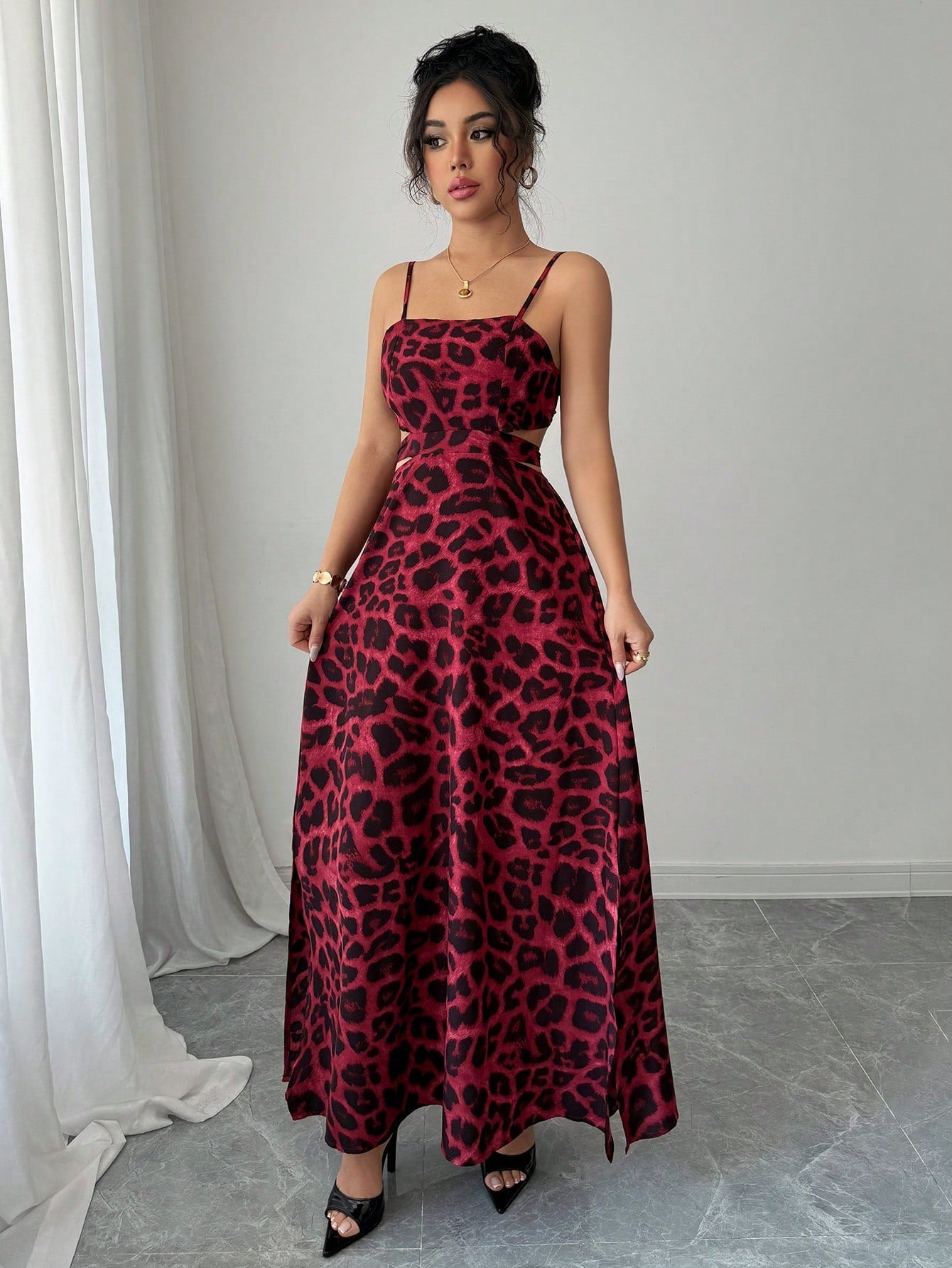 Burgundy Leopard Print Spaghetti Strap Maxi Dress