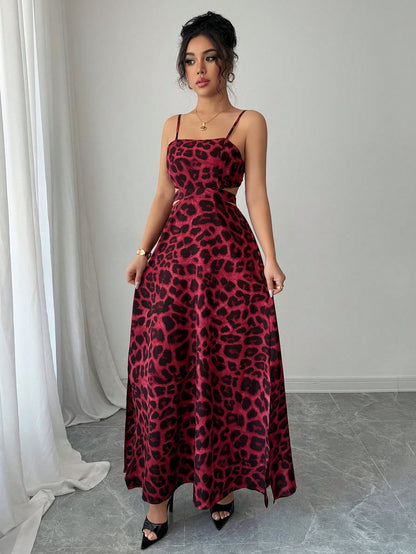 Burgundy Leopard Print Spaghetti Strap Maxi Dress