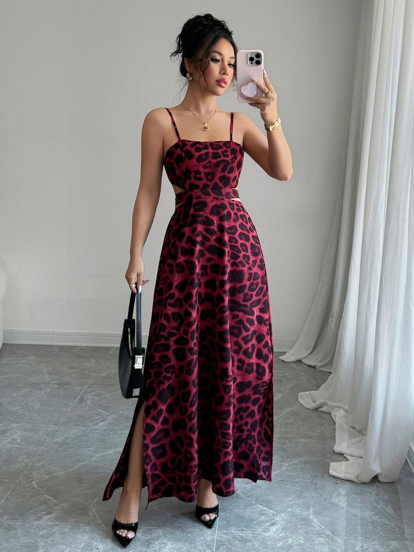 Burgundy Leopard Print Spaghetti Strap Maxi Dress