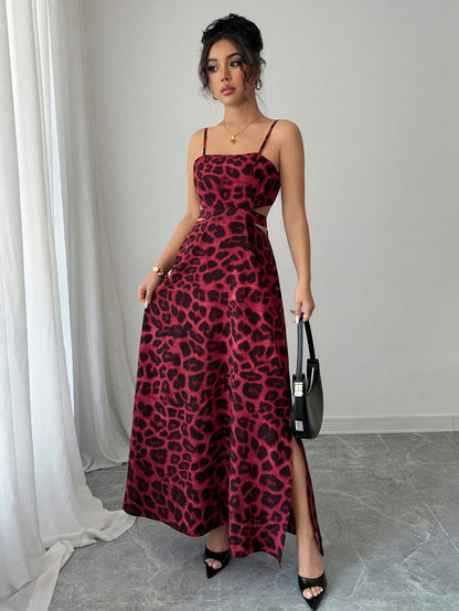 Burgundy Leopard Print Spaghetti Strap Maxi Dress
