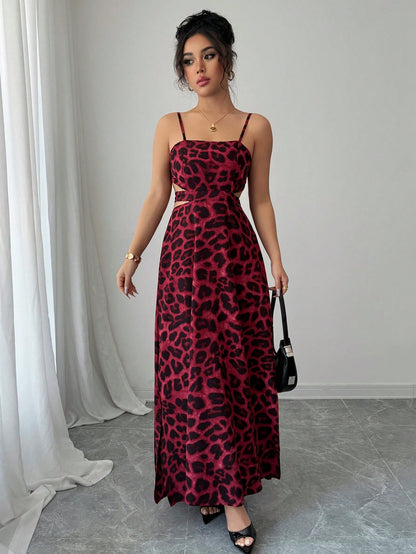 Burgundy Leopard Print Spaghetti Strap Maxi Dress