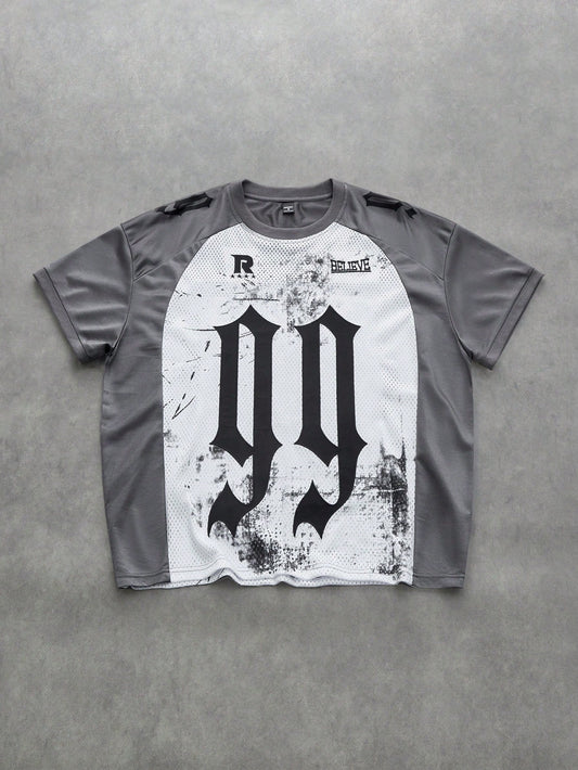 White Round Animal Letter & Slogan Hip-Hop Streetwear Neck Jersey