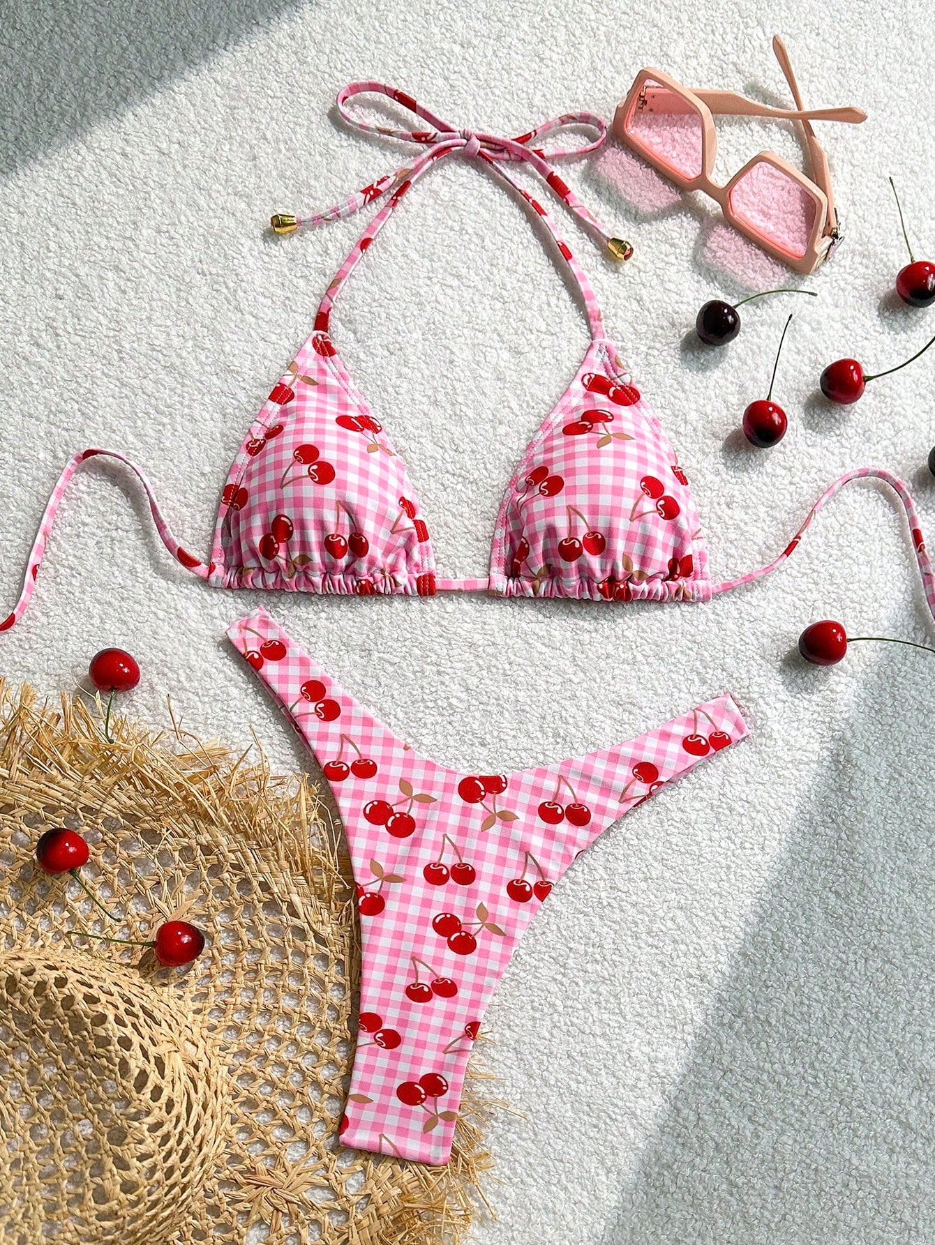 Cherry Gingham Print Triangle Bikini Swimsuit Set
