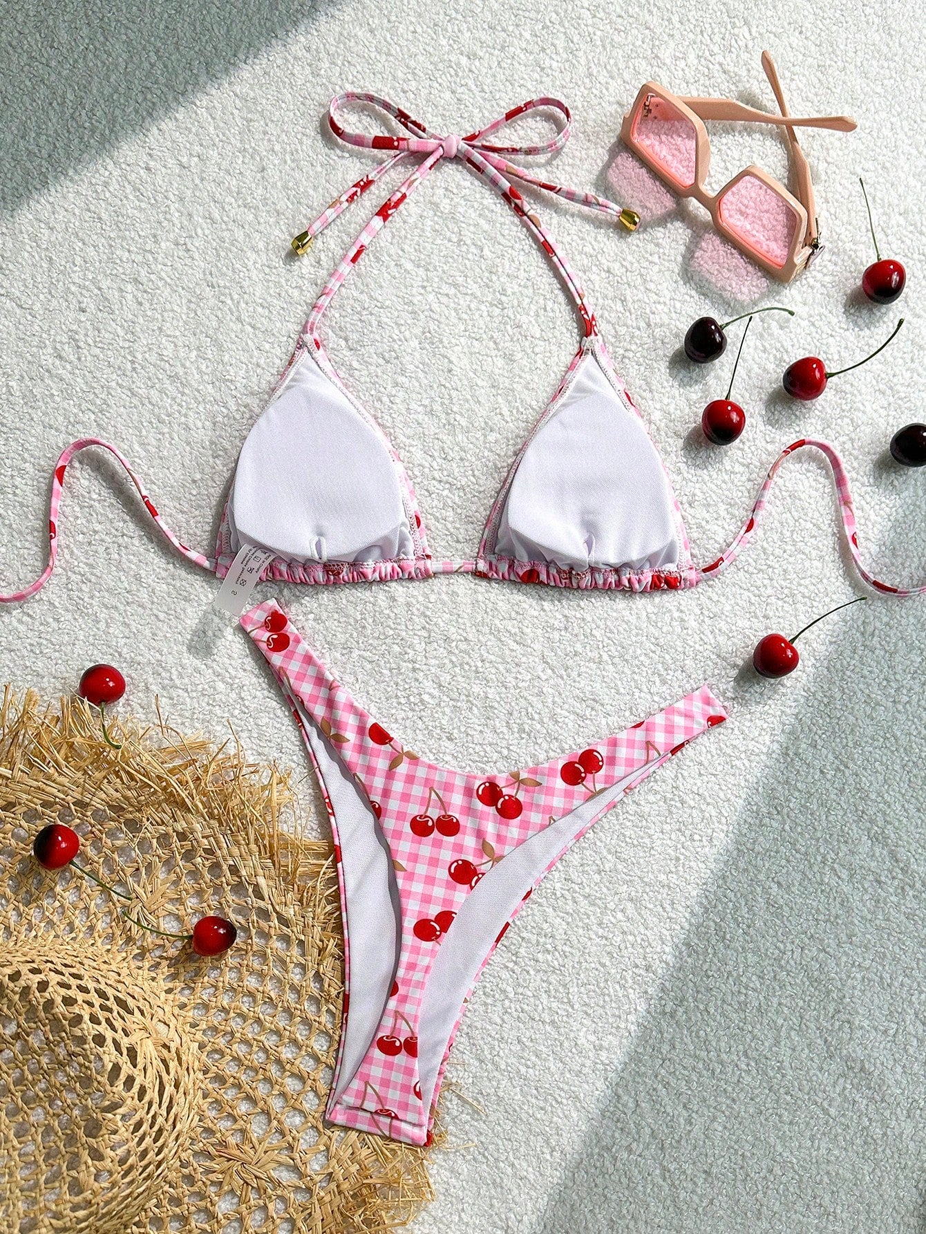 Cherry Gingham Print Triangle Bikini Swimsuit Set