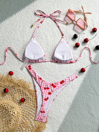 Cherry Gingham Print Triangle Bikini Swimsuit Set