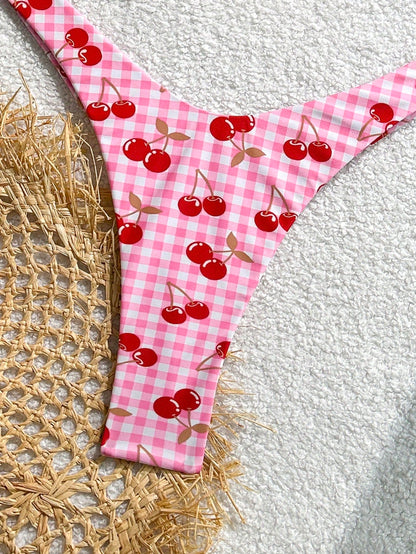 Cherry Gingham Print Triangle Bikini Swimsuit Set