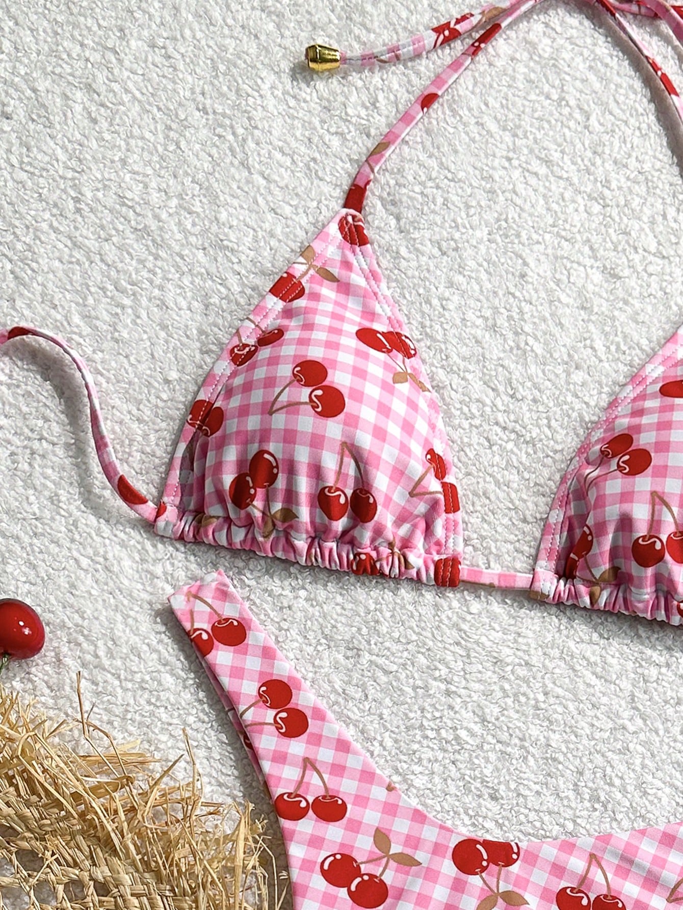 Cherry Gingham Print Triangle Bikini Swimsuit Set