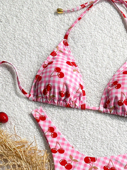 Cherry Gingham Print Triangle Bikini Swimsuit Set