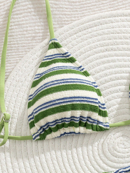 Striped Terry Cloth Criss-Cross Back Bikini Set