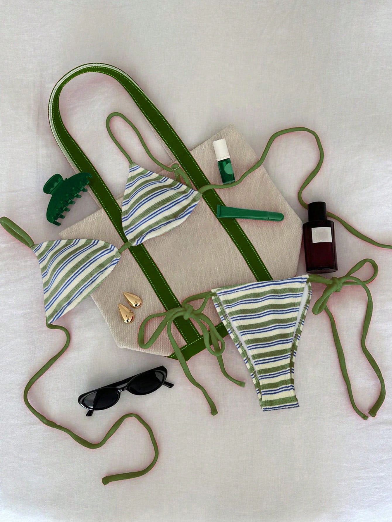 Striped Terry Cloth Criss-Cross Back Bikini Set