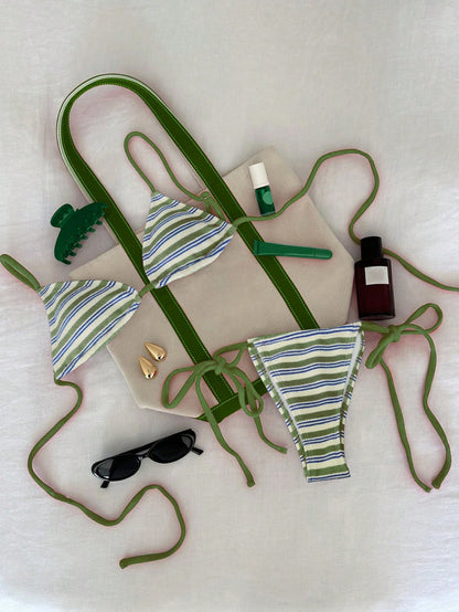 Striped Terry Cloth Criss-Cross Back Bikini Set