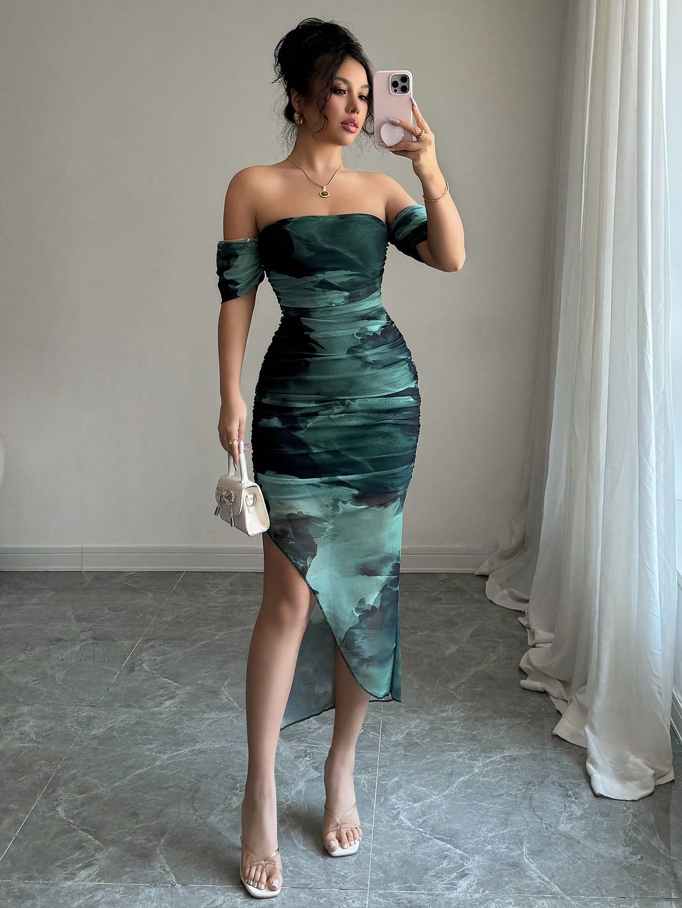 Army Green Tie-Dye Off-Shoulder Bodycon Dress