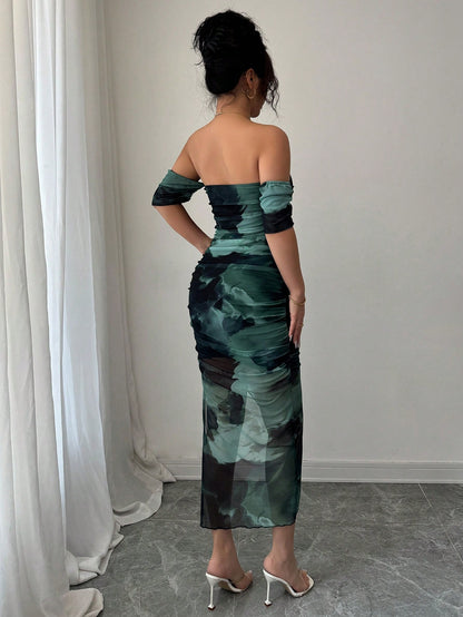 Army Green Tie-Dye Off-Shoulder Bodycon Dress