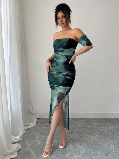 Army Green Tie-Dye Off-Shoulder Bodycon Dress