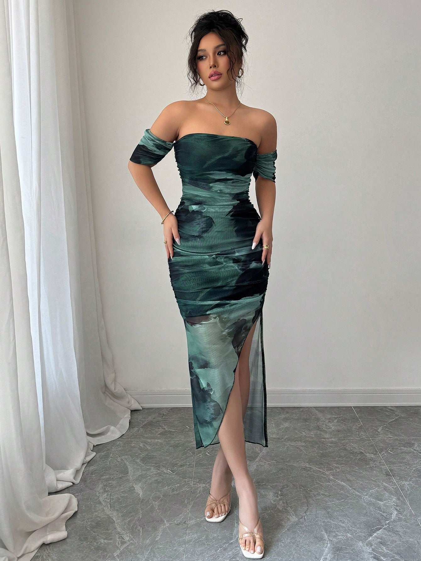 Army Green Tie-Dye Off-Shoulder Bodycon Dress